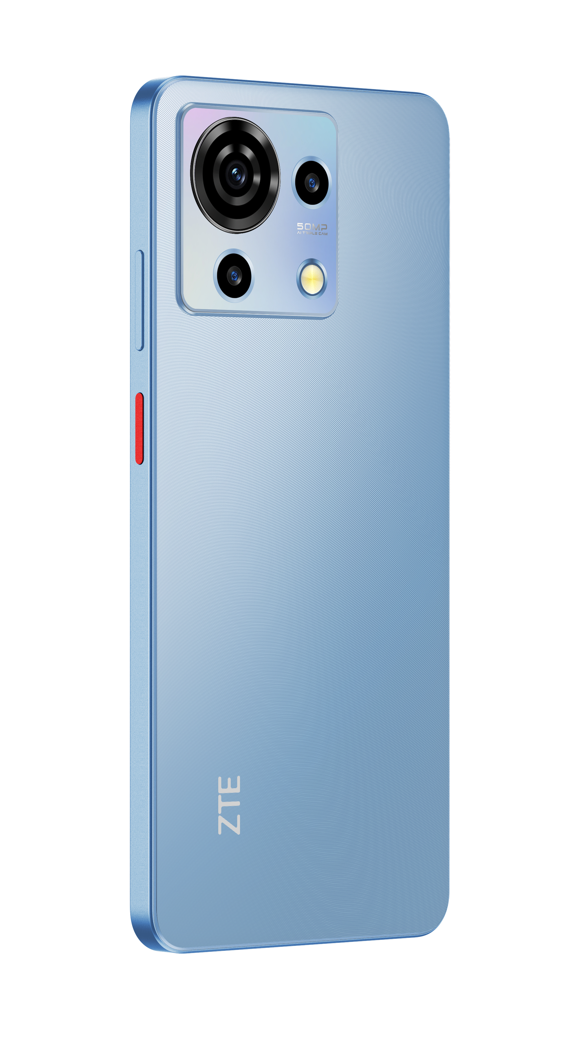 Blaues ZTE-Smartphone, Dreifachkamera, rote Taste an der Seite.