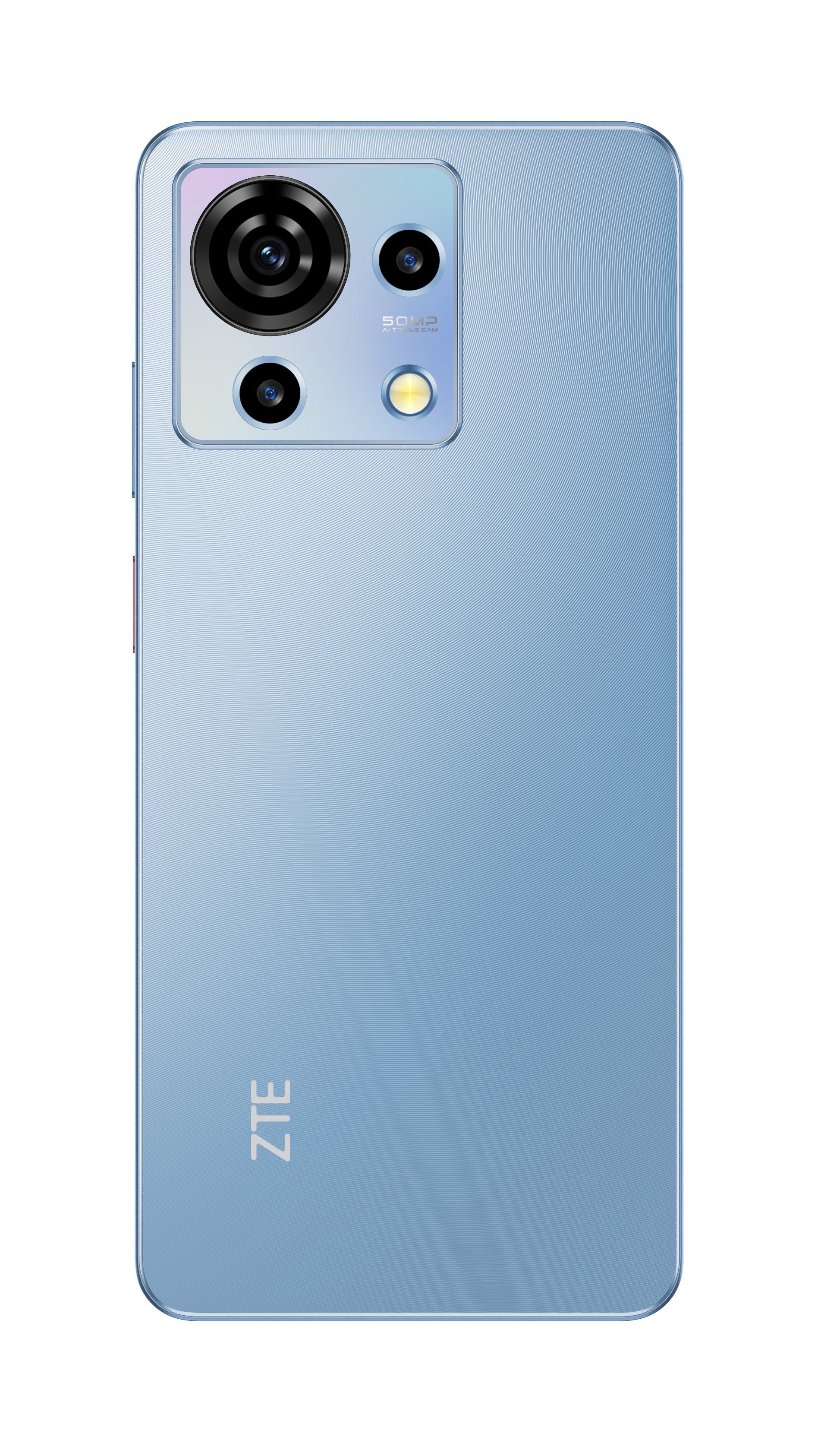 Hellblaue ZTE-Telefonrückseite. Drei Kameras mit Blitz. ZTE-Logo unten.