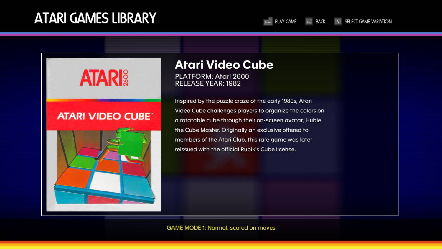 Captura de pantalla del juego Atari Video Cube en una pantalla con información del juego.