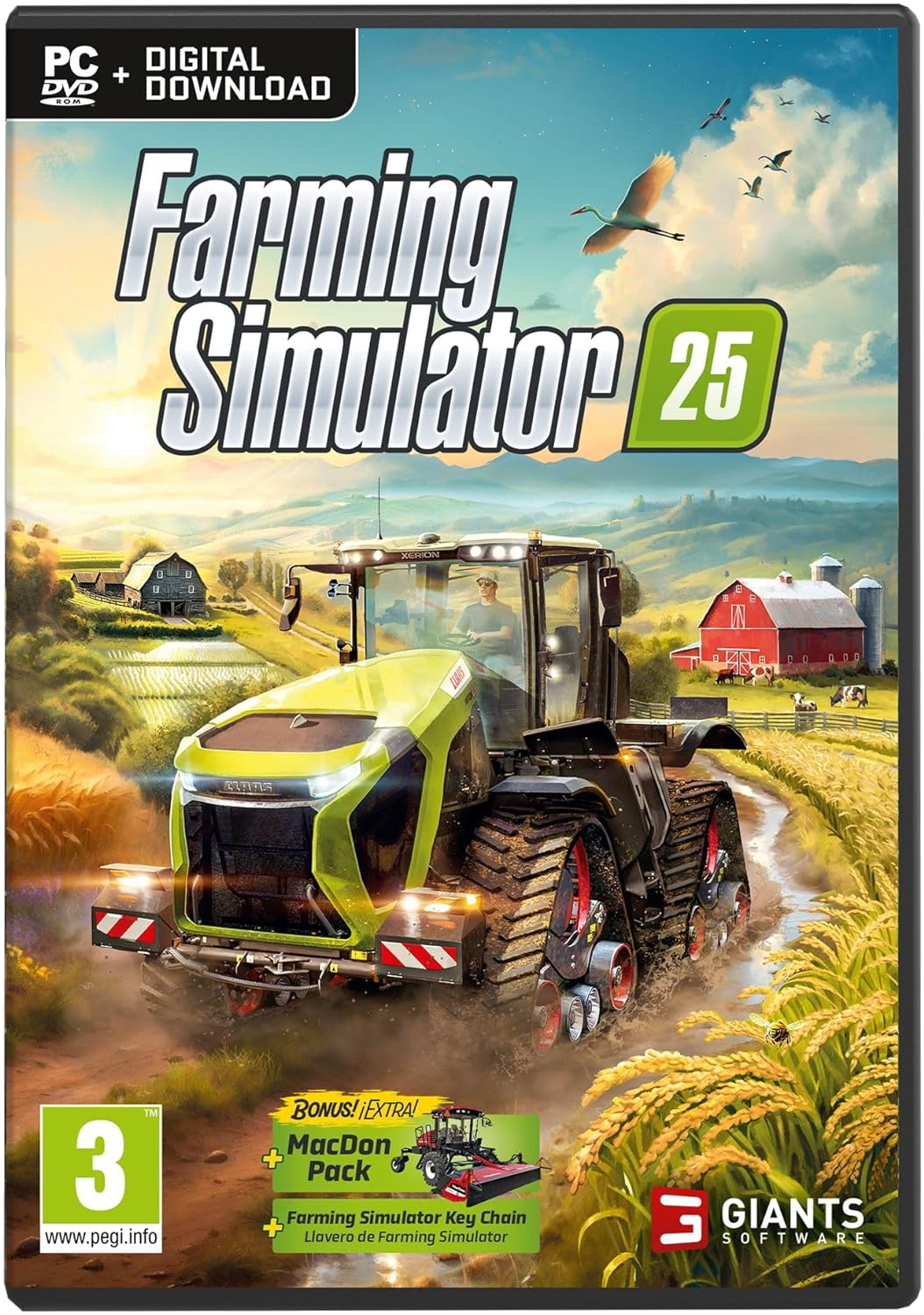 Caja del juego Farming Simulator 25, tractor en campo, granero rojo. PC y descarga digital.