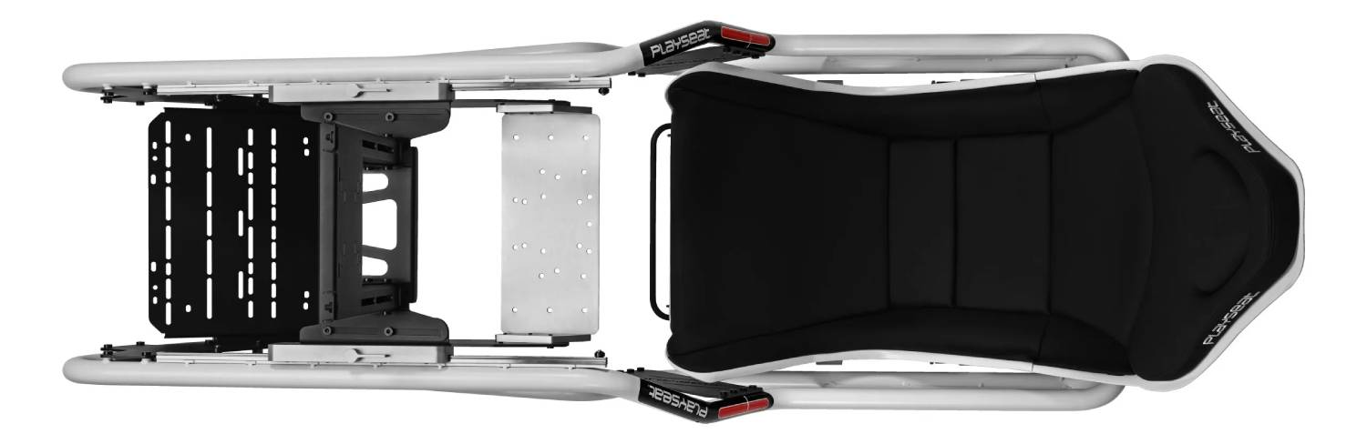 Vista cenital de una silla de juego blanca con asiento negro y soporte negro para periféricos.