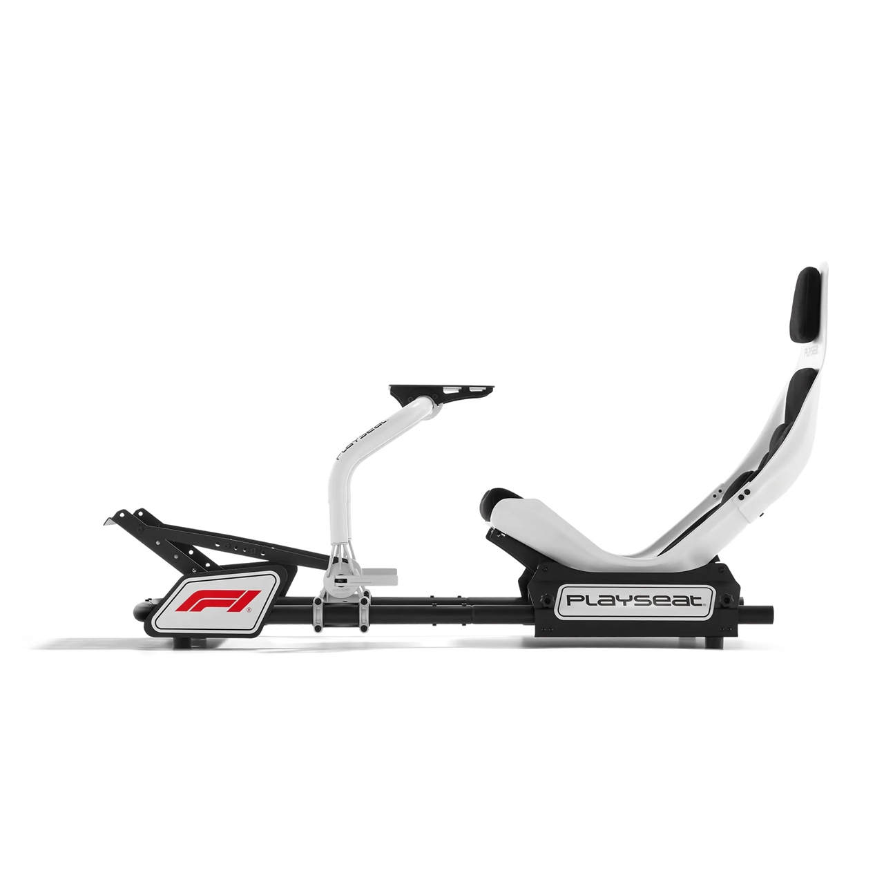 Asiento de simulador de carreras blanco y negro con el logotipo de F1.