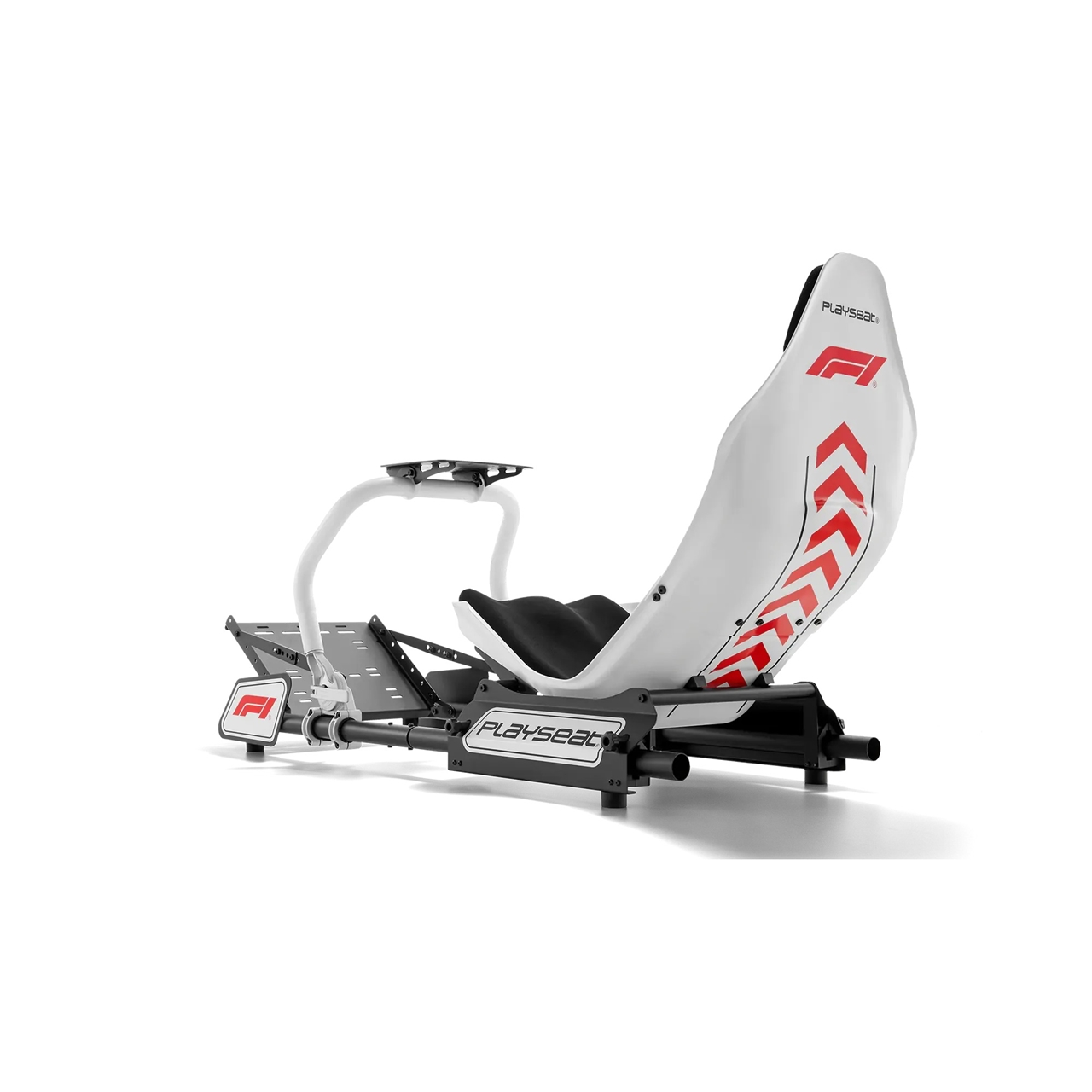 Un asiento de coche de carreras blanco con un simulador de carreras.
