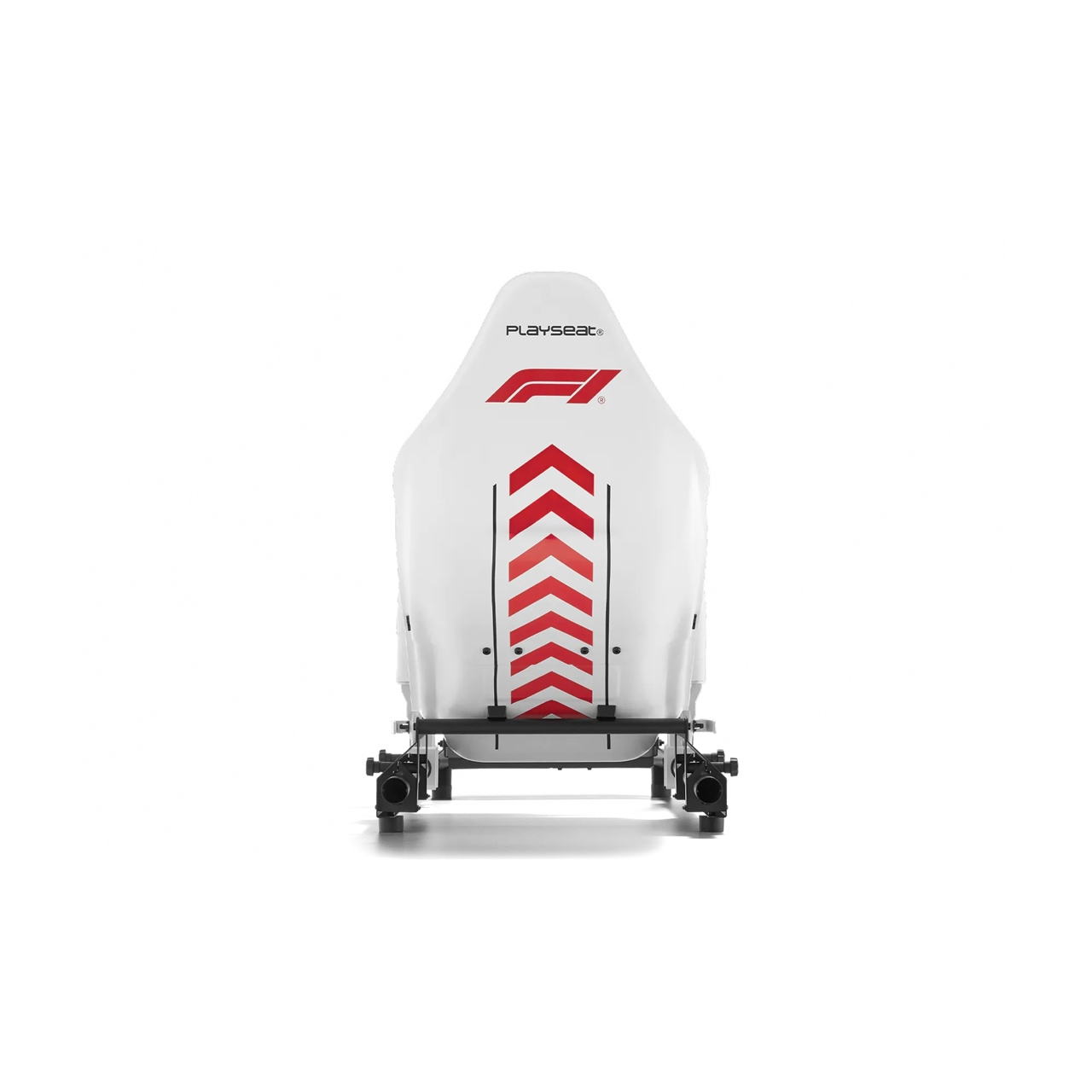 Vista trasera de un asiento de carreras blanco con logo F1 rojo y chevrones. Sobre un marco negro.