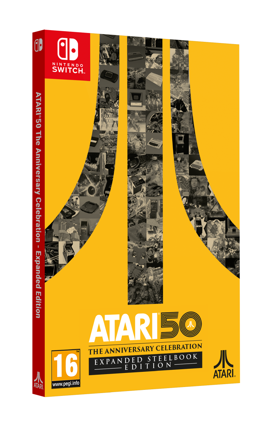 Juego Atari 50 para Nintendo Switch. Cubierta amarilla con imágenes y texto de Atari.