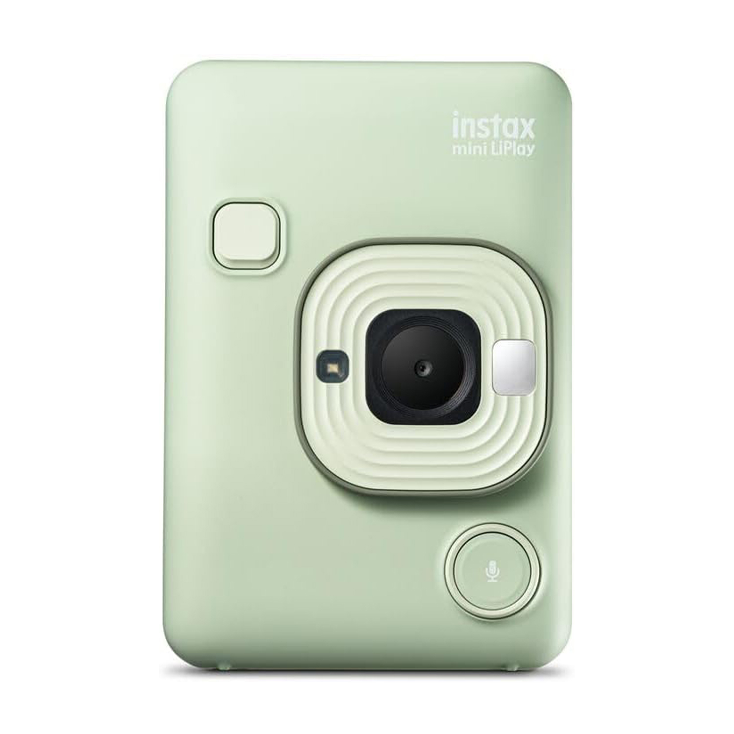 Una fotocamera Instax verde menta. Ha un obiettivo, un flash e un pulsante. Il marchio è stampato su di essa.