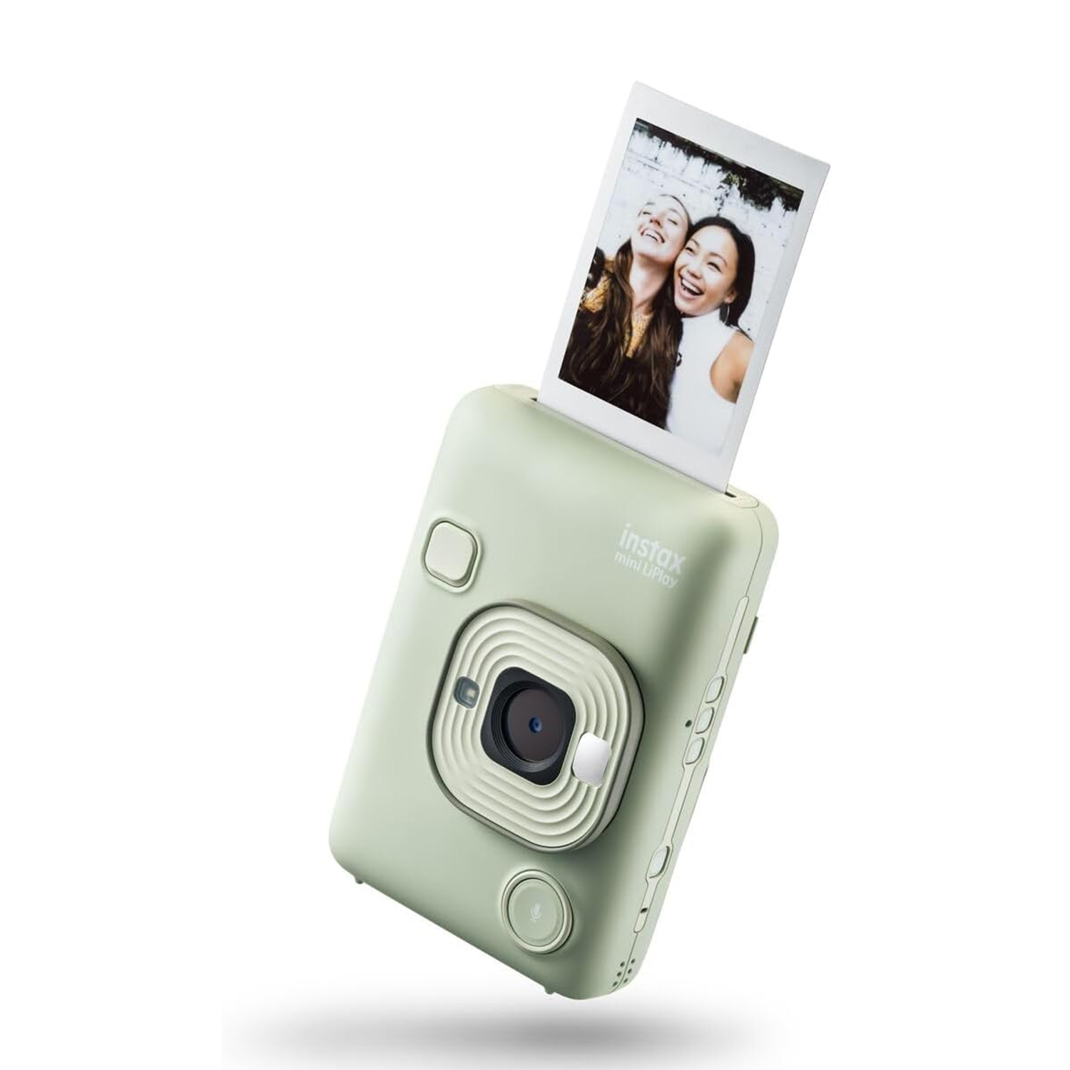 Fotocamera verde Instax Mini LiPlay che stampa una foto di due donne sorridenti.