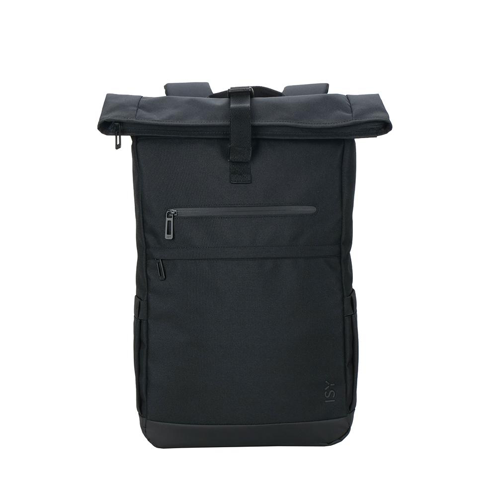 Schwarzer Rucksack mit Rollverschluss, Reißverschlusstasche und zwei Seitentaschen.