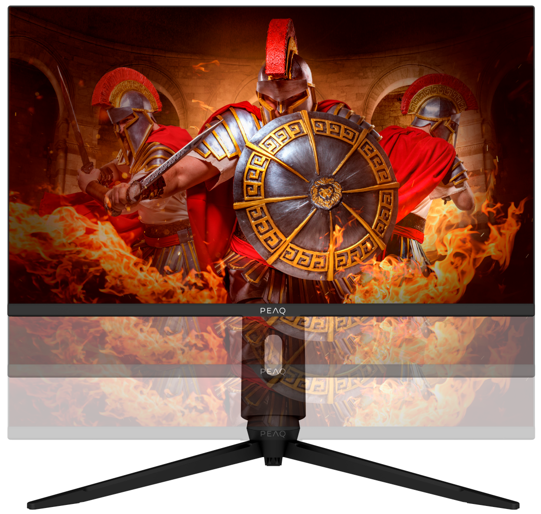 Monitor komputera wyświetlający scenę bitwy z gladiatorami. Płomienie w tle.