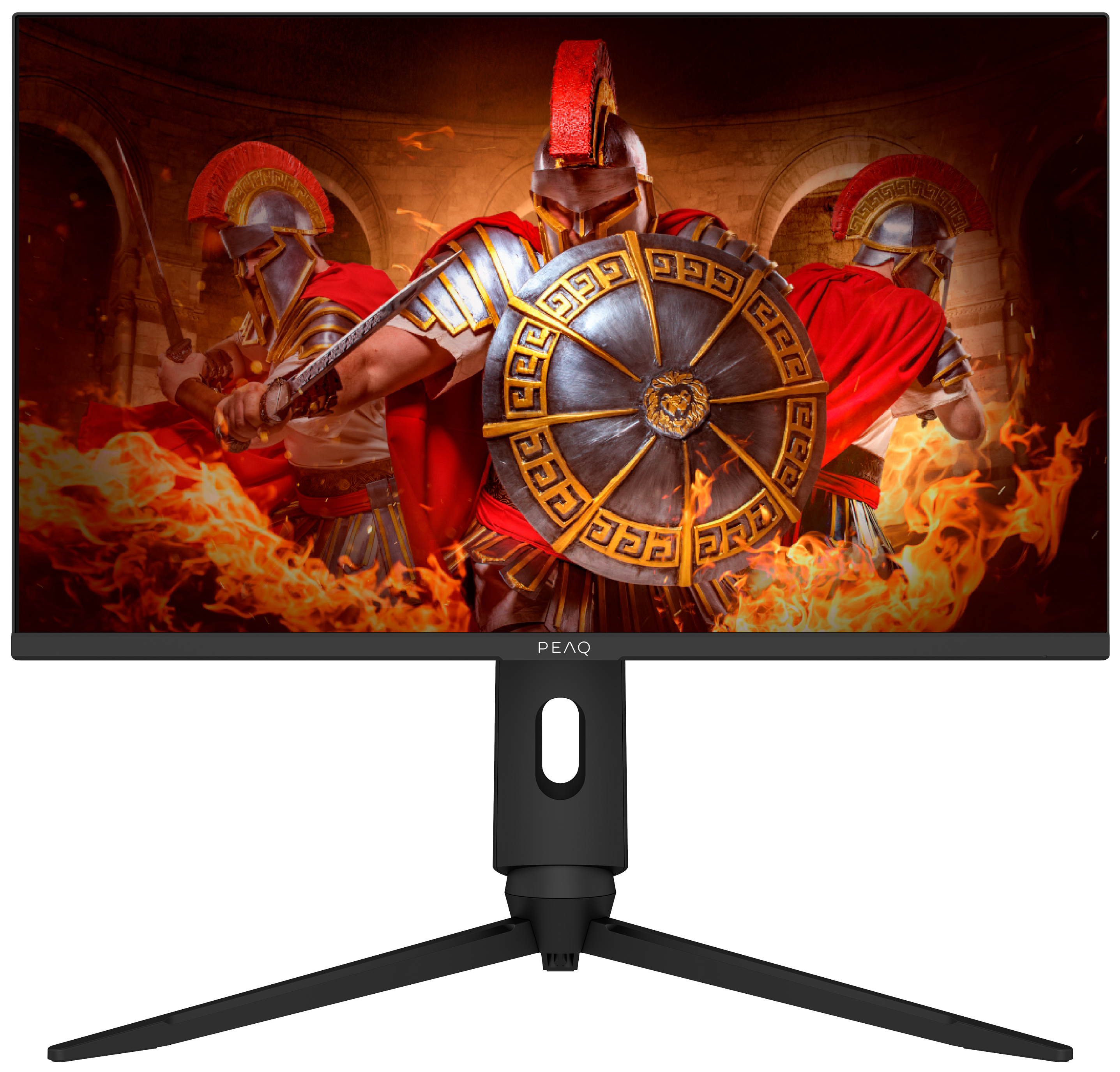 Monitor do gier, trzech rzymskich żołnierzy na ekranie z mieczami. Płomienie, czarna ramka.