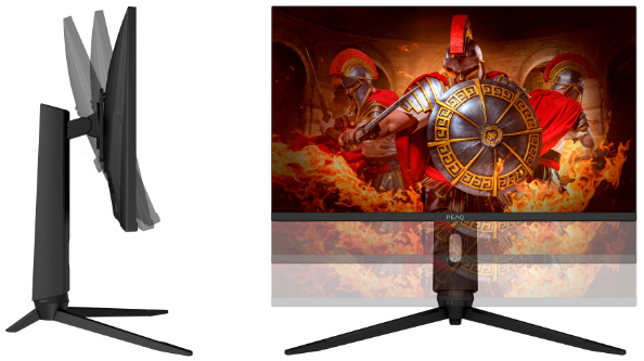 Widok z boku i z przodu czarnego monitora komputera na czarnym stojaku, ze sceną z gry.