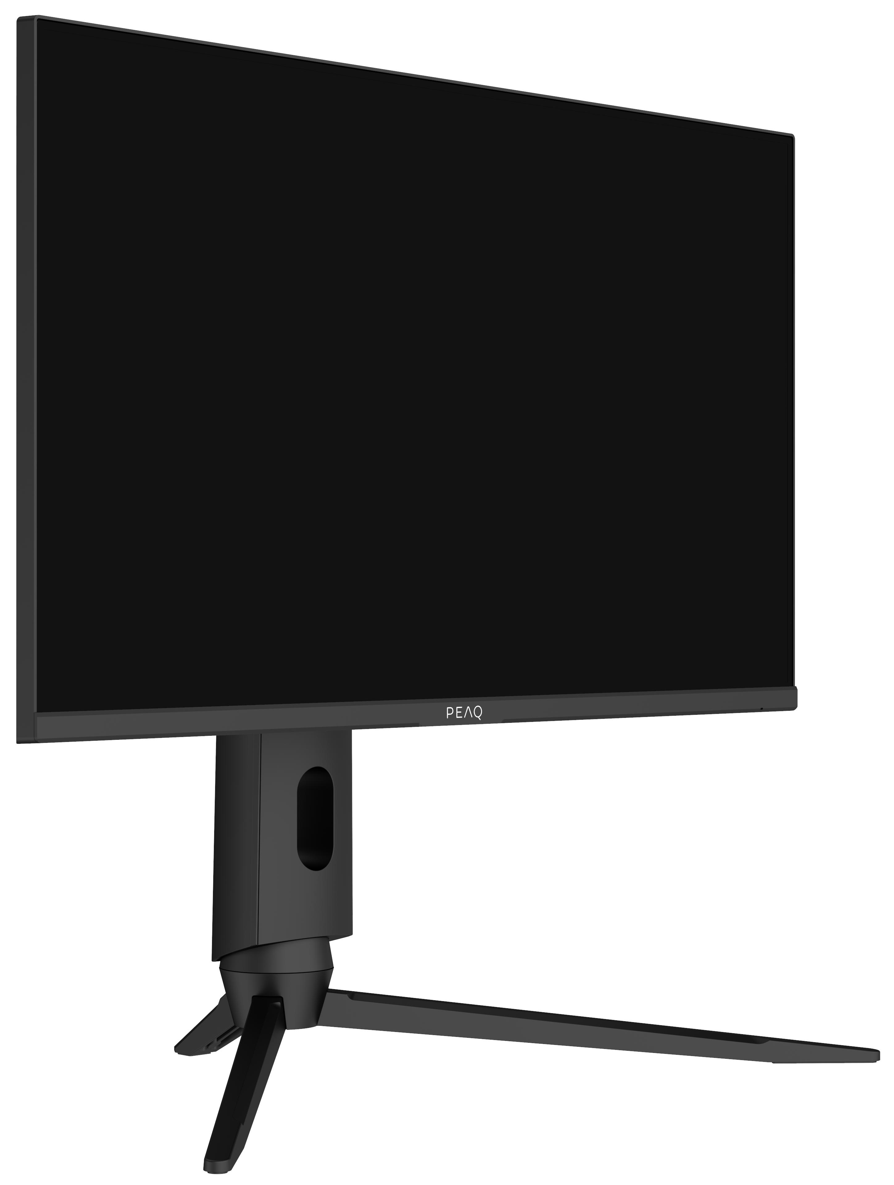 Monitor komputerowy, czarny, z logo PEAQ z przodu.