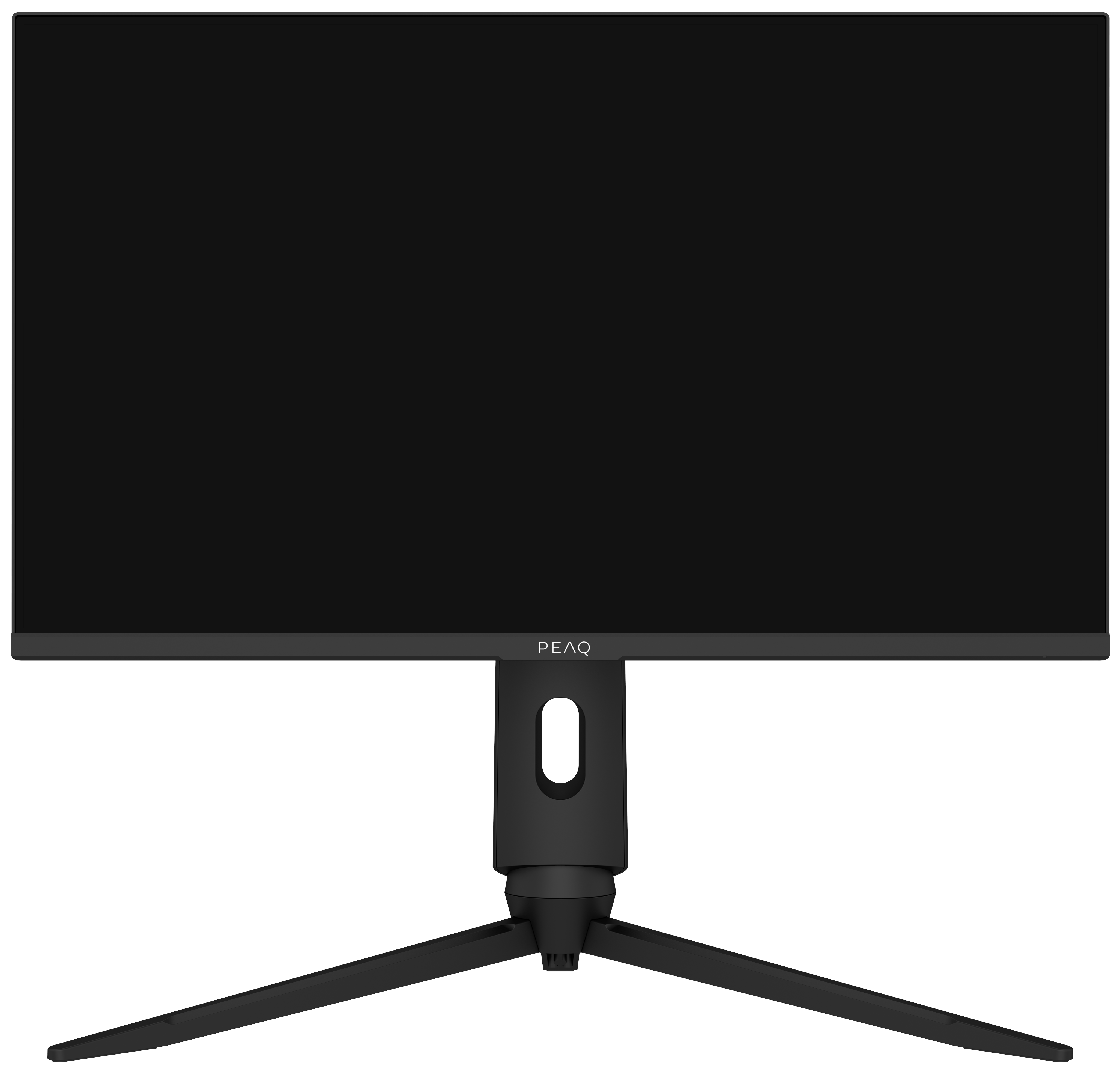 Czarny monitor komputerowy ze stojakiem. Wyświetla czarny ekran.