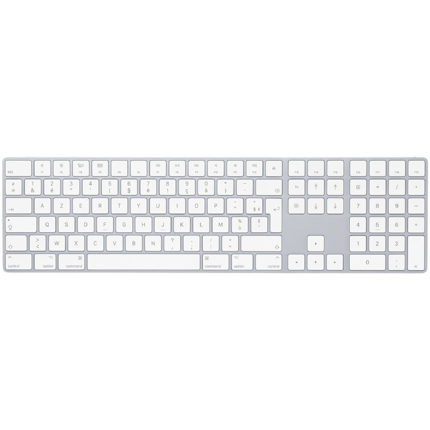 Een wit toetsenbord met grijze toetsen. Het heeft de standaard QWERTY-indeling en een numeriek toetsenbord.