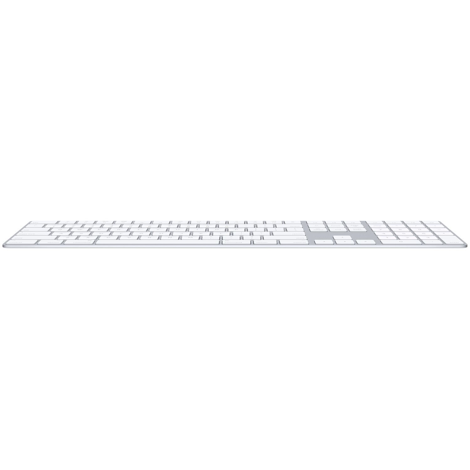 Wit Apple-toetsenbord, bovenaanzicht. Minimalistisch design, zilverkleurige toetsen, witte achtergrond.