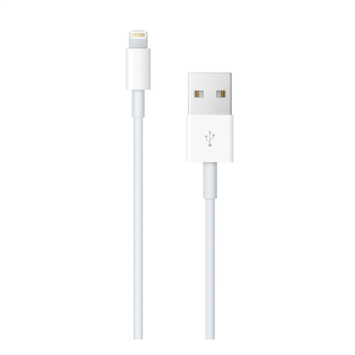 Witte Lightning naar USB-kabel. Het Lightning-uiteinde links en het USB-uiteinde rechts.