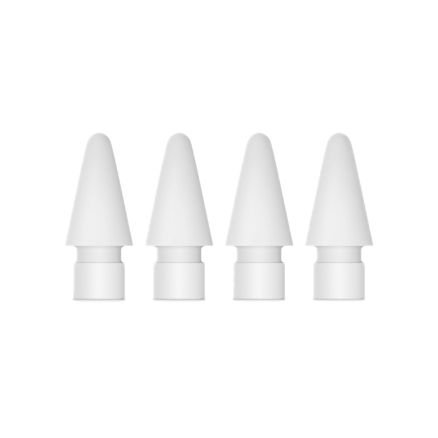 Quatre pointes blanches pour Apple Pencil sur fond noir, disposées horizontalement.
