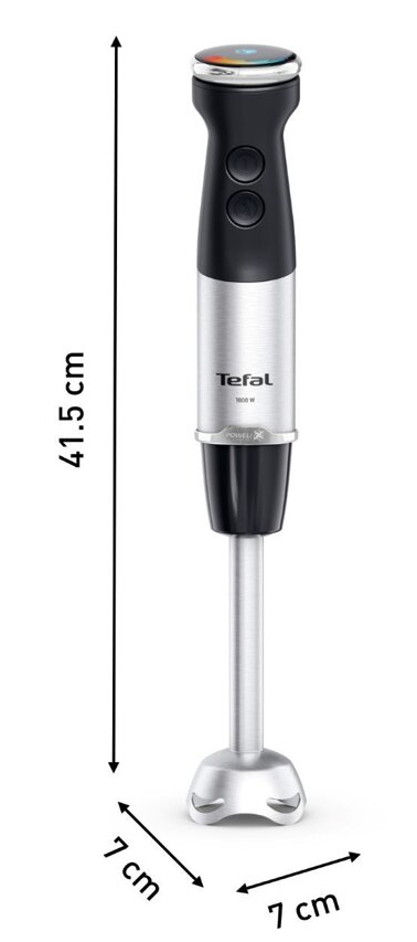 Czarny i srebrny blender ręczny, z wymiarami, na białym tle.