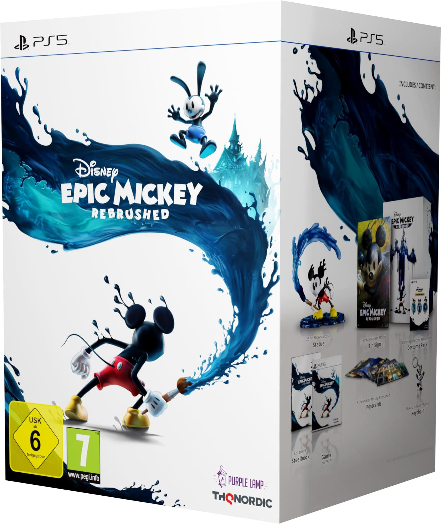 Disney Epic Mickey Rebrushed PS5-Spiel-Box-Set mit Micky Maus und anderen Spielelementen.