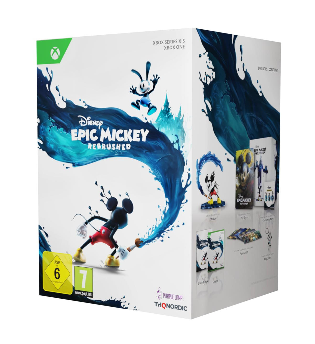 Disney Epic Mickey Rebrushed Spielbox. Mickey Mouse-Kunst auf der Vorderseite, Charakterkunst seitlich.