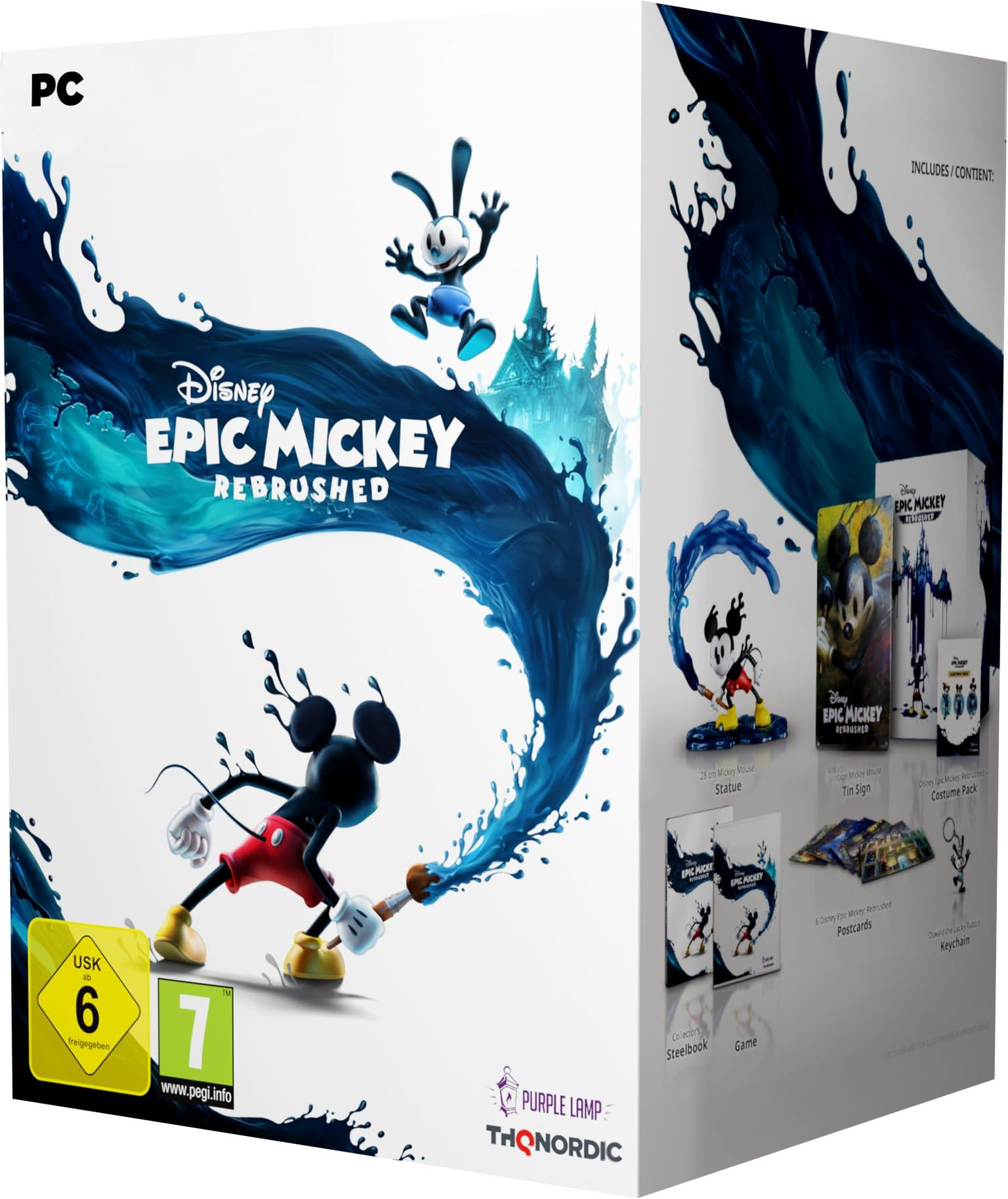 Box-Art für das Spiel 'Epic Mickey Rebrushed', Micky Maus in einer farbenfrohen Szene.