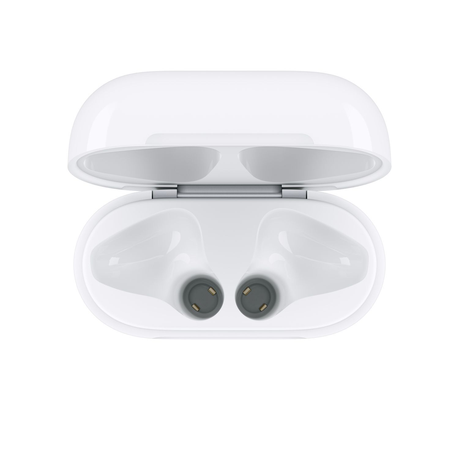 Étui blanc ouvert pour AirPods. À l'intérieur, deux ports de chargement gris sont visibles. L'étui est sur fond blanc.