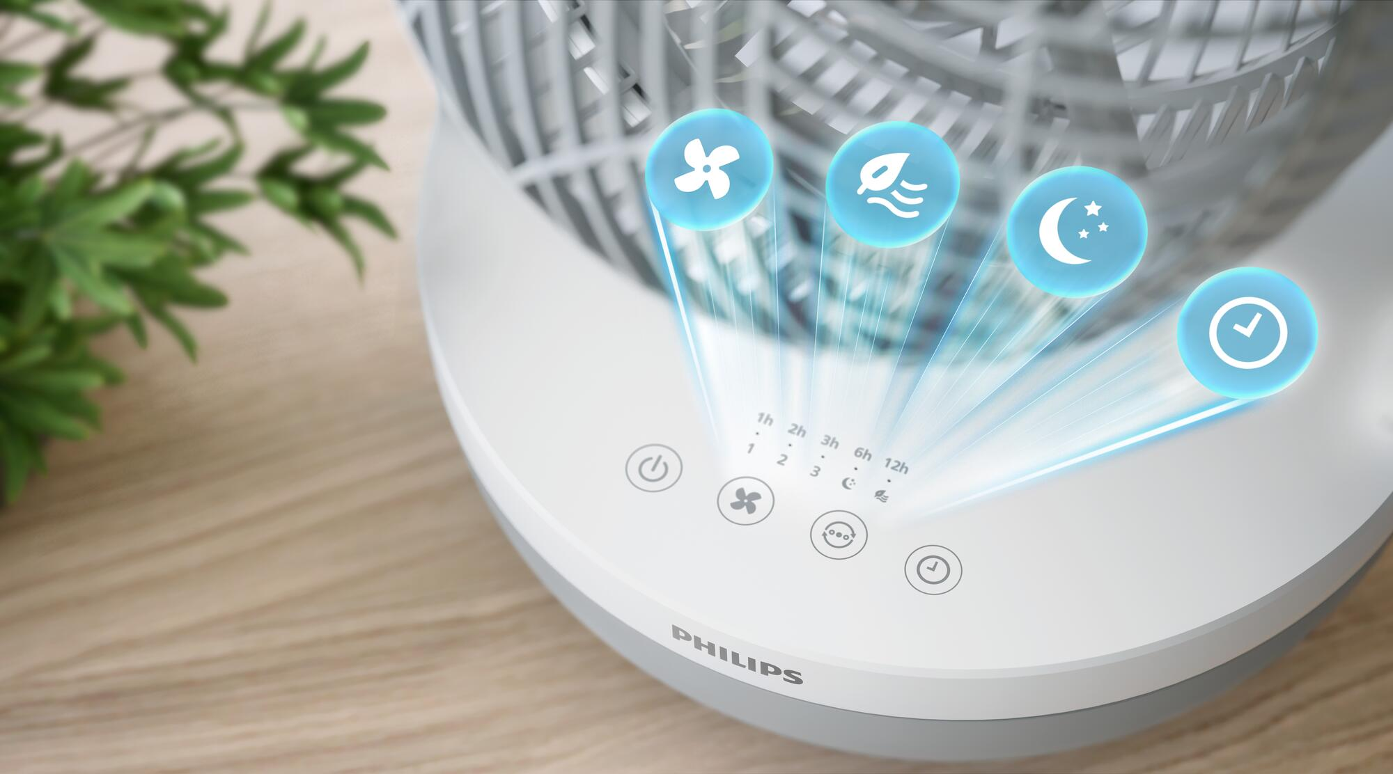 Un ventilador blanco con panel de control e iconos, con una planta verde en la esquina.