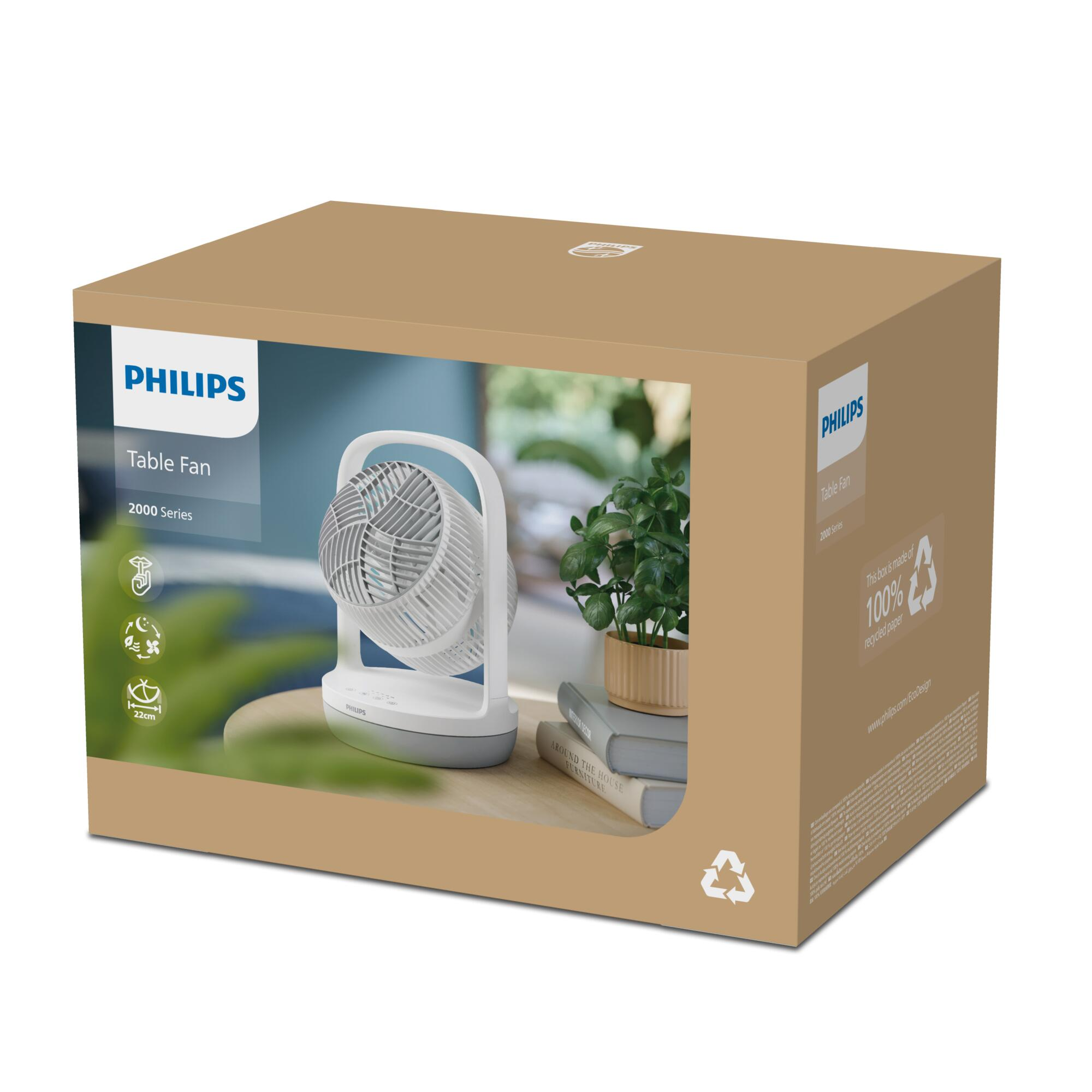 Una caja de cartón con un ventilador de mesa dentro. La caja tiene el logo de Philips y una foto del ventilador.