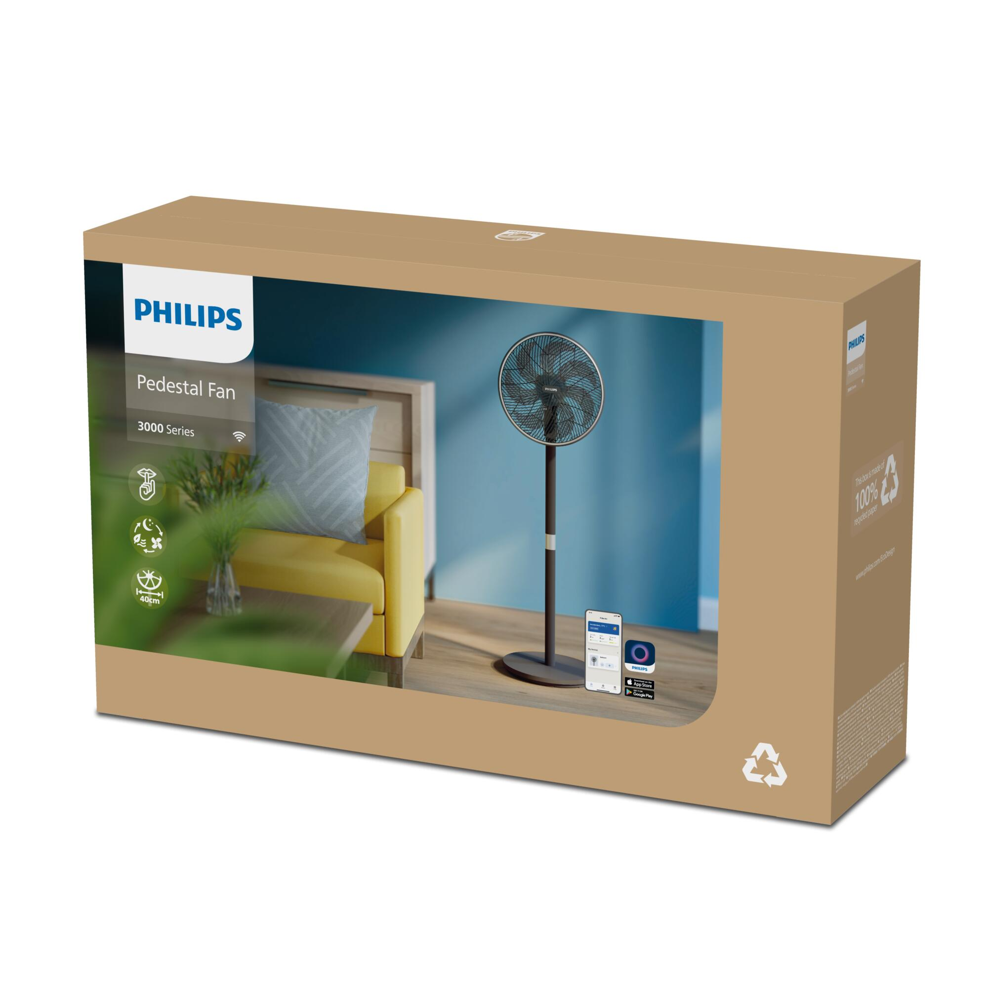 Caja de un ventilador de pedestal Philips, con una imagen del ventilador en la caja y un teléfono.