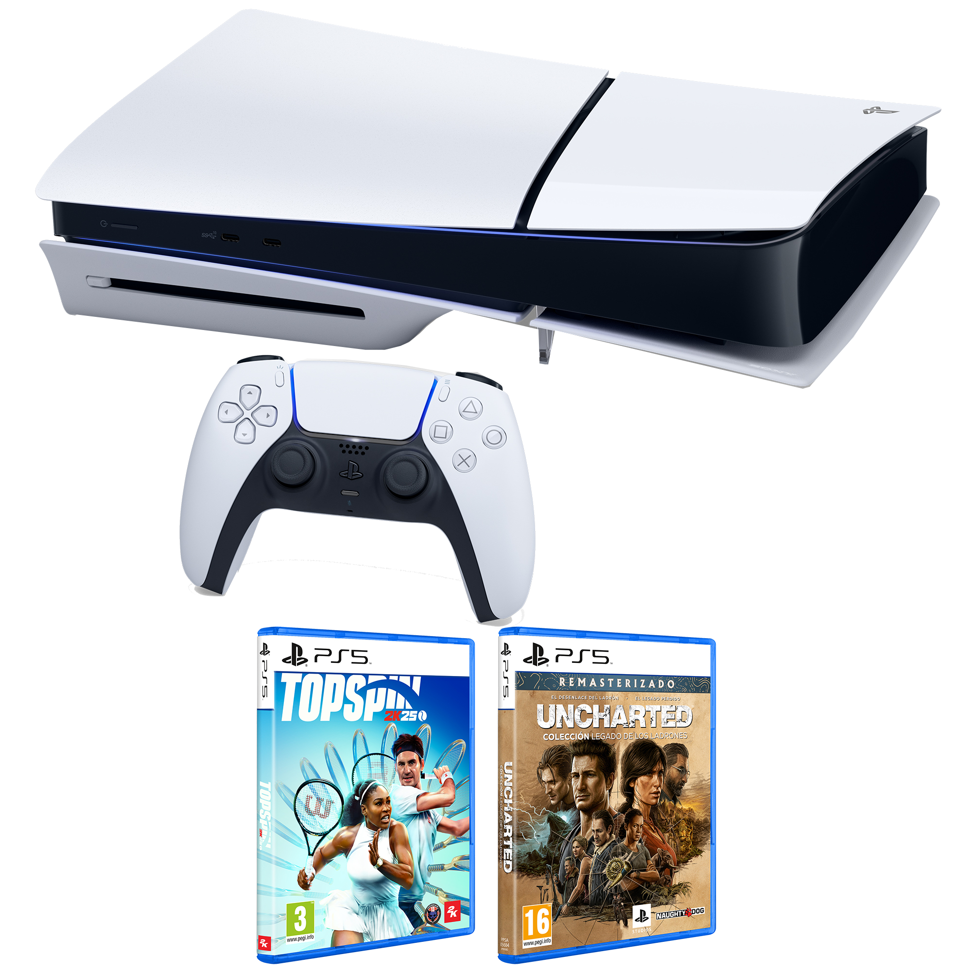 Consola PlayStation 5, mando y dos cajas de juegos: TopSpin 2K25, Uncharted.