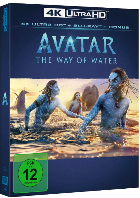 Avatar-Film Blu-ray-Hülle mit Na'vi-Charakteren im Wasser, Filmtitel und Bewertung.