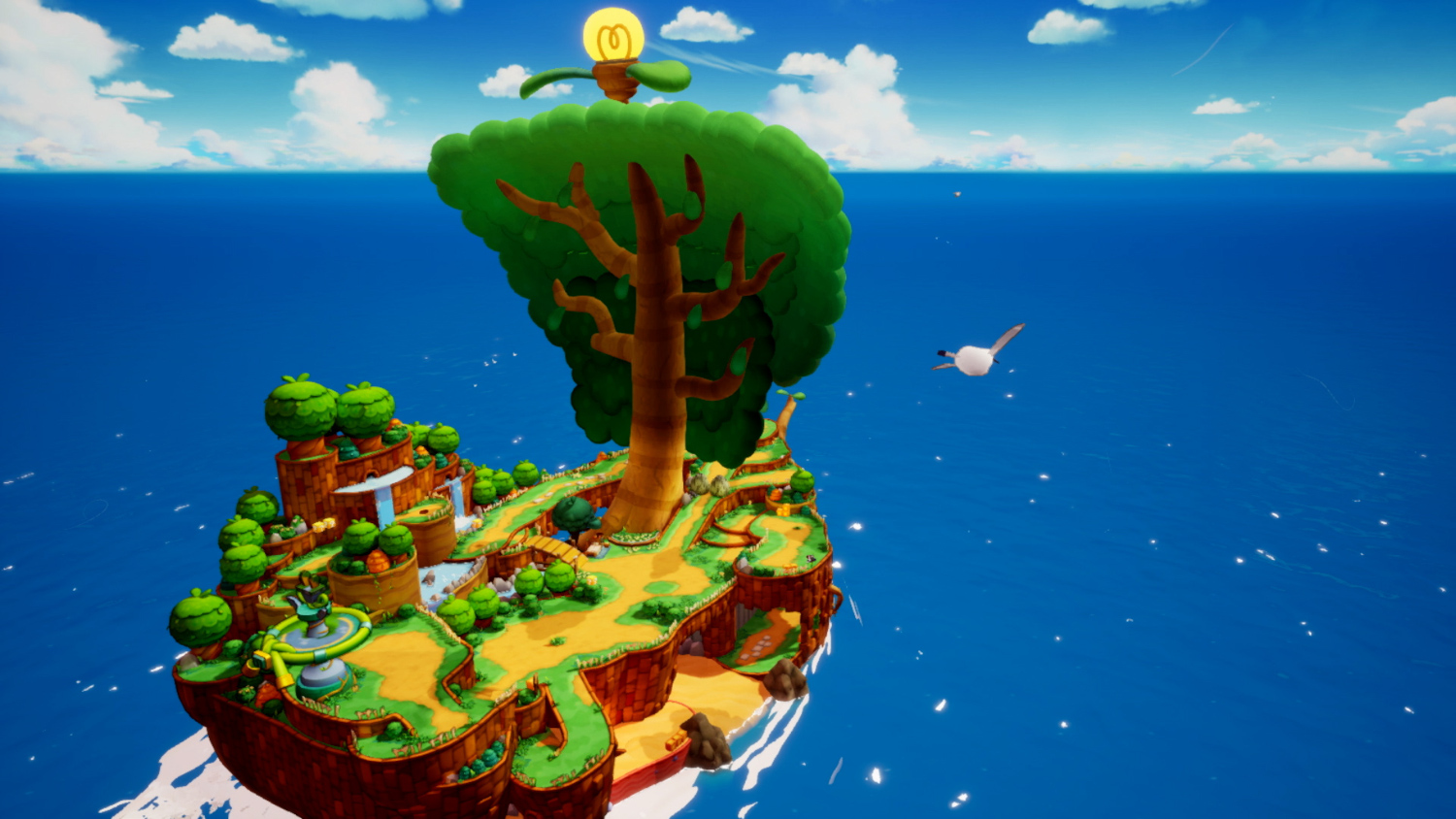 An island in a blue ocean with a tree, a bird, and colorful platforms.