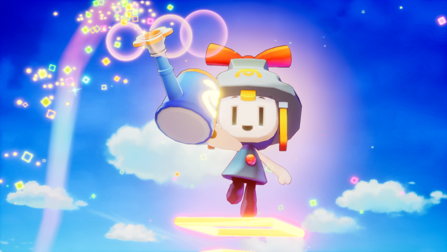 A cartoon character with a watering can standing on a platform in a colorful setting.