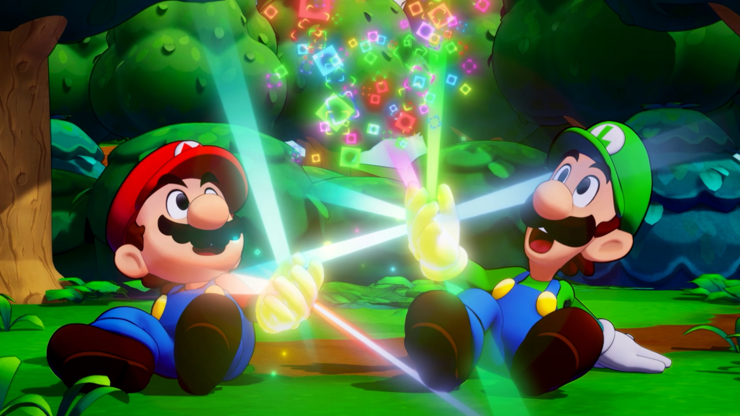 Mario and Luigi from Mario Bros. are celebrating with colorful lights.
