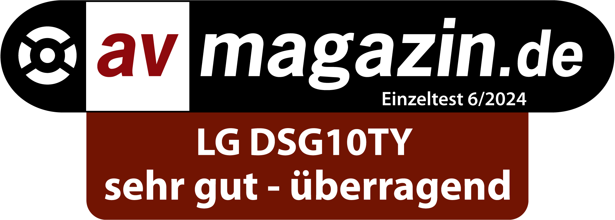 Dunkelbraunes av magazin.de Logo mit 'sehr gut - überragend' Text auf weißem Hintergrund.