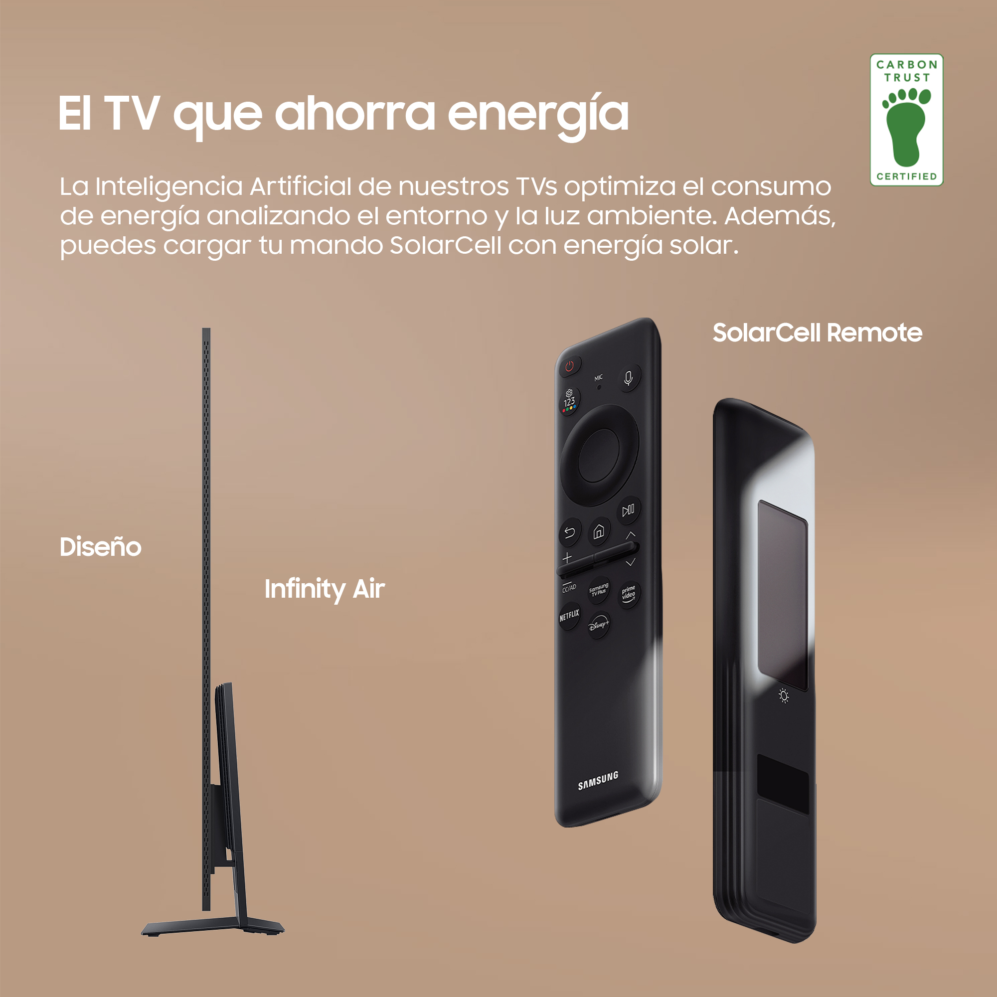 TV con mando a distancia: diseño y mando SolarCell, sobre fondo marrón claro.