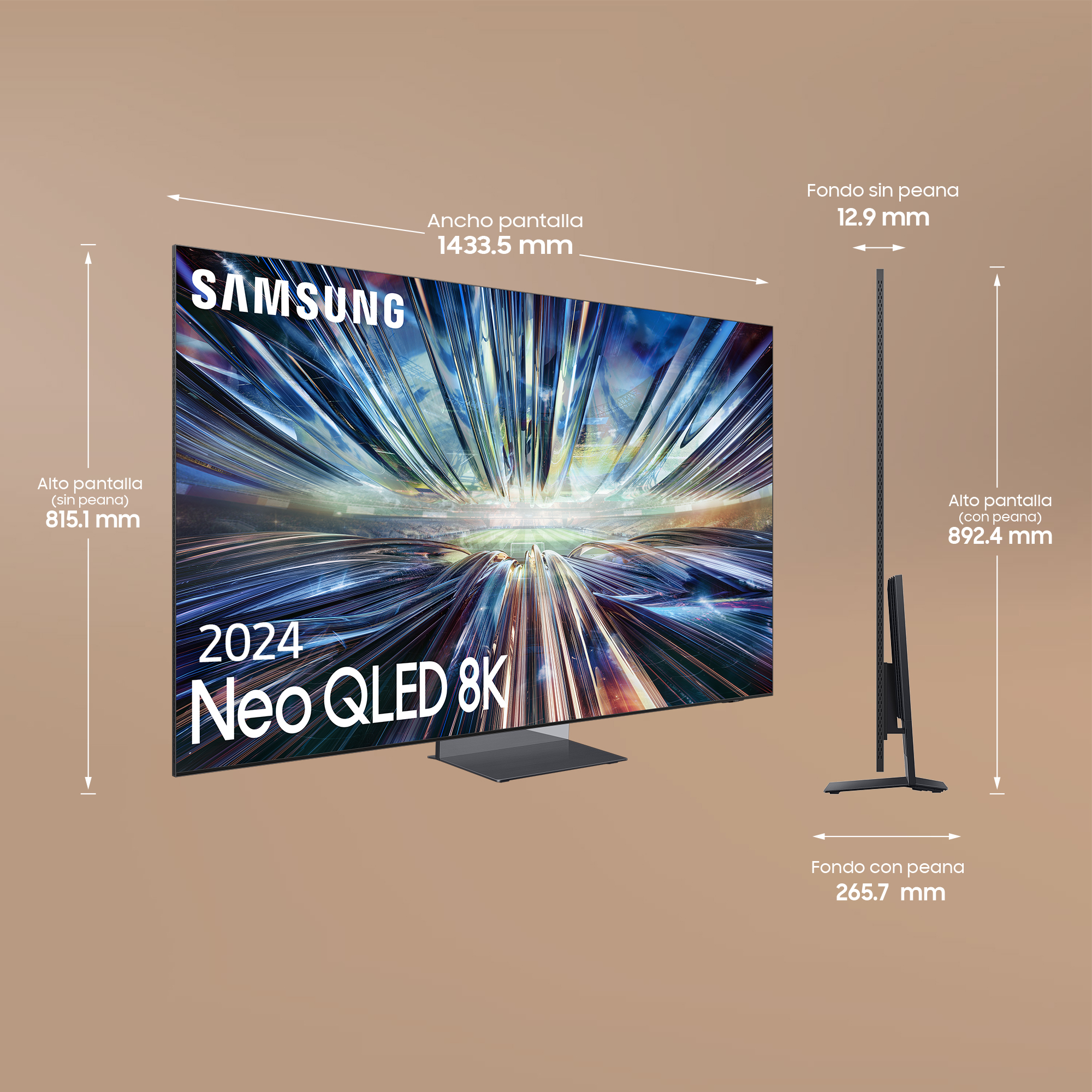 Samsung 2024 Neo QLED 8K TV con etiquetas de dimensiones. Vista lateral mostrando la profundidad y soporte.