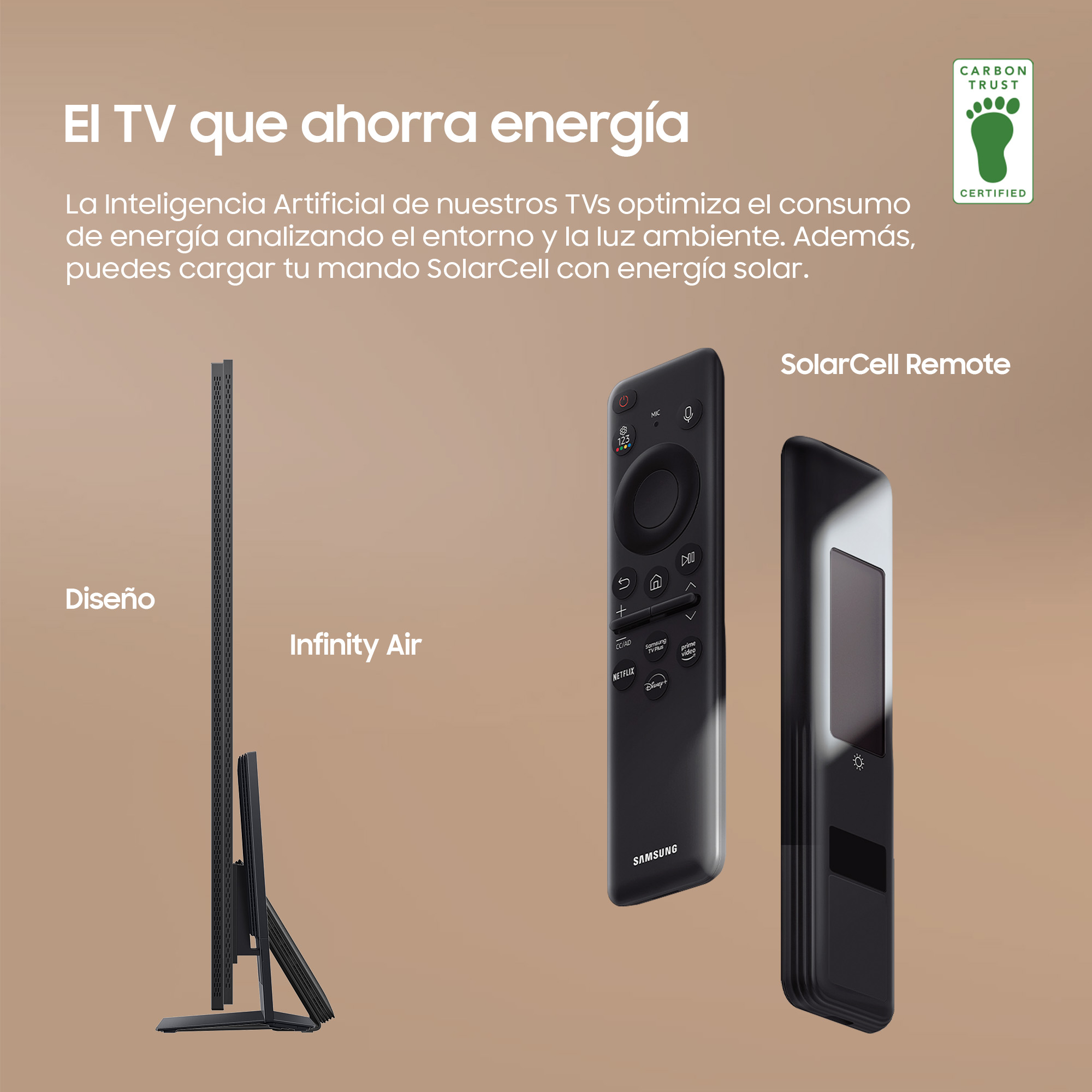 Un televisor moderno con diseño elegante. Incluye mando SolarCell. Texto en español sobre eficiencia energética.