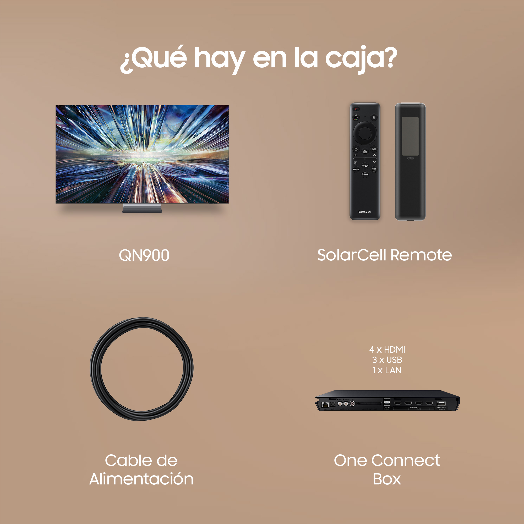 Un televisor, un mando a distancia, un cable de alimentación y una One Connect Box colocados sobre un fondo claro.