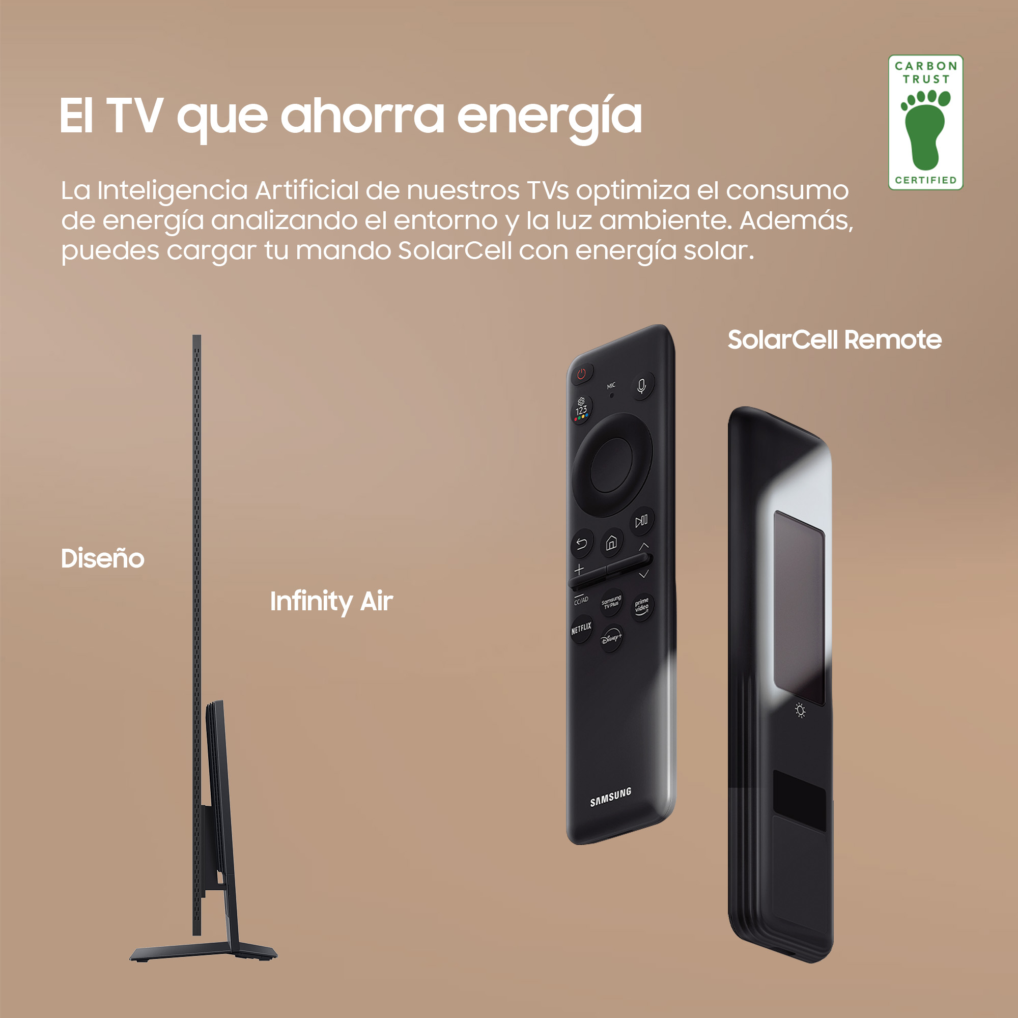 TV y dos mandos. El texto dice 'El TV que ahorra energía'. El texto también incluye 'SolarCell Remote'.