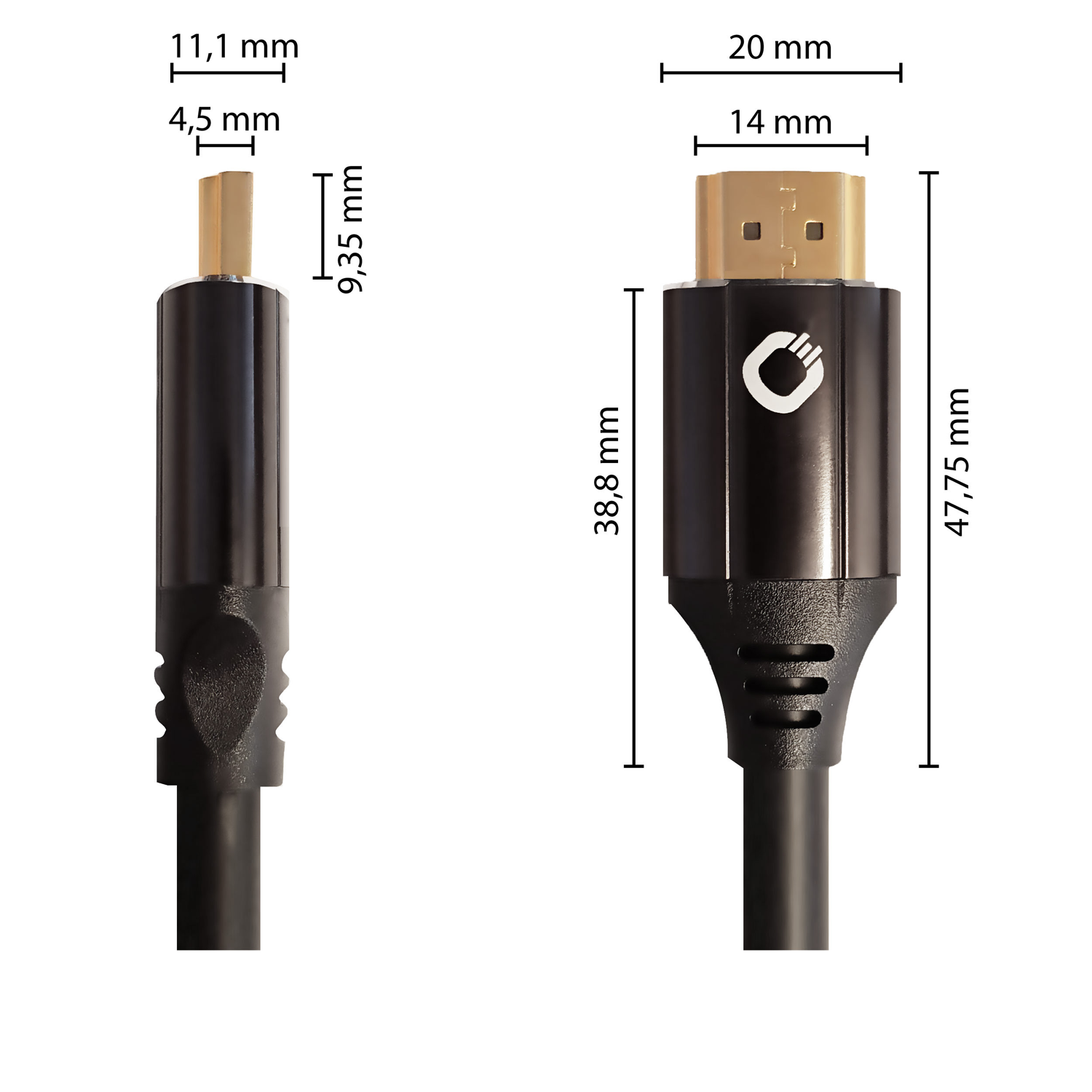 Een close-up van twee HDMI-connectoren met afmetingen aangegeven.
