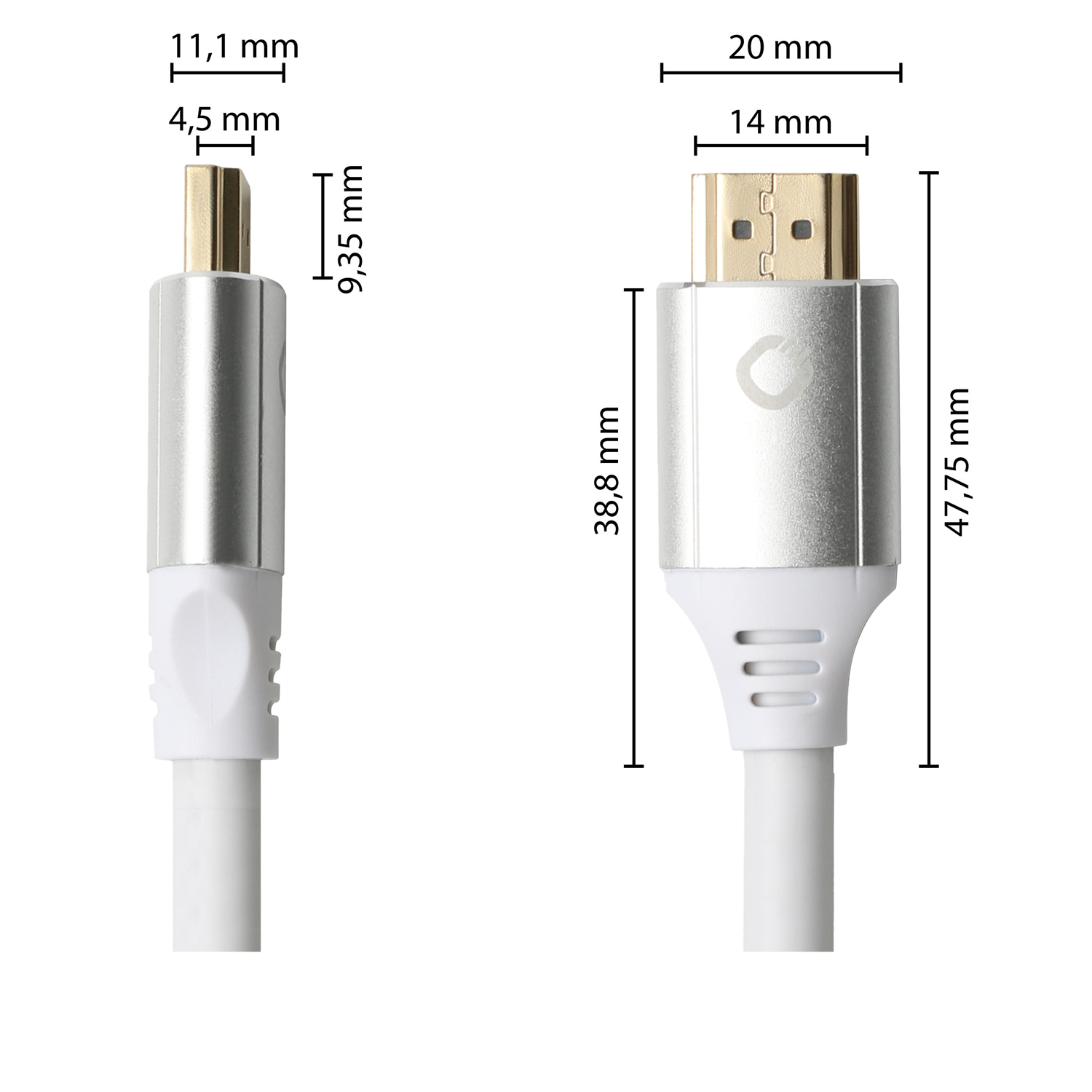 Twee HDMI-kabeluiteinden met afmetingen in mm. Eén is een standaard HDMI, de andere een mini HDMI.