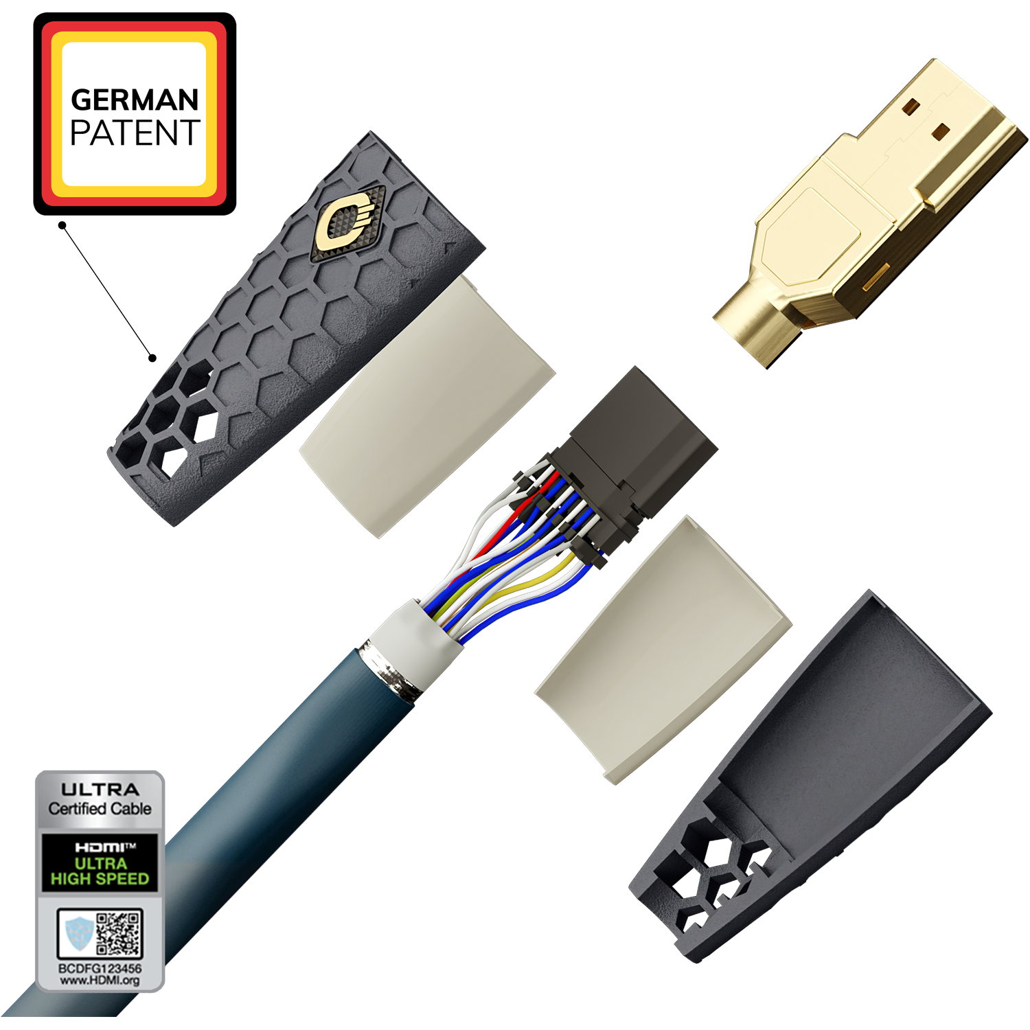 An exploded view of a USB cable, showing internal wires and gold-colored connector.