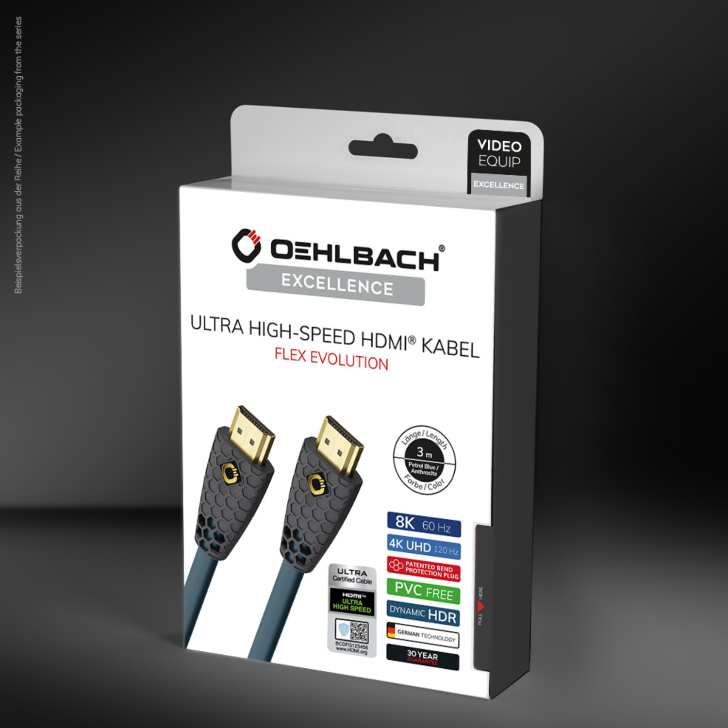 Een witte en grijze HDMI-kabeldoos met productdetails. Toont een kabel op de verpakking.
