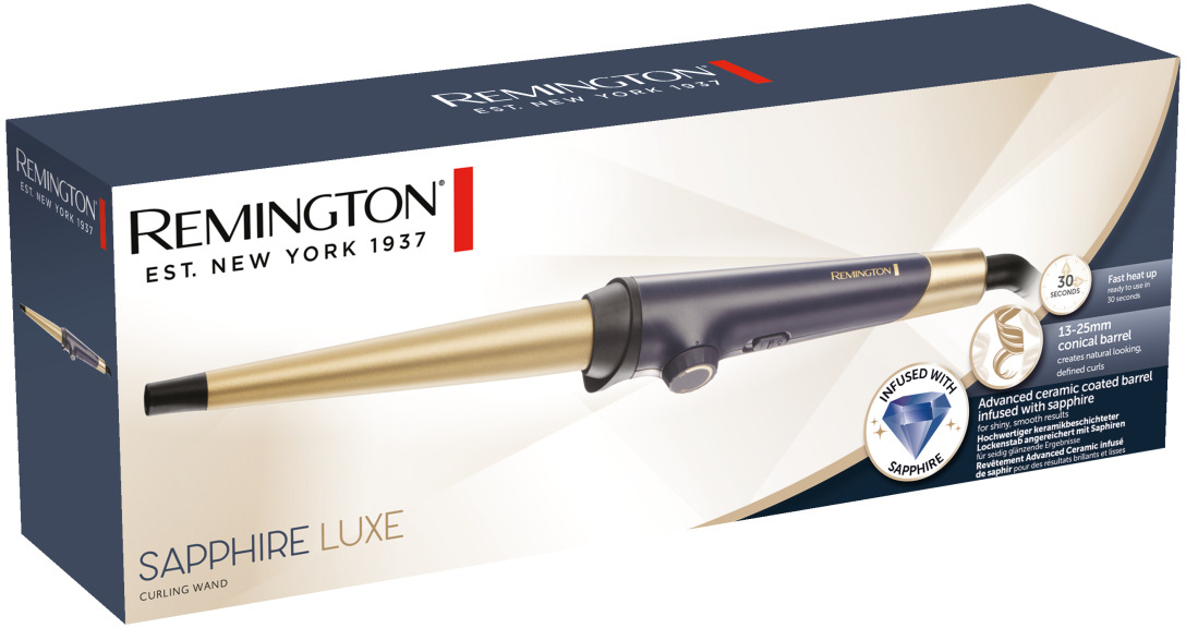 Arricciacapelli Remington Sapphire Luxe in una scatola. Colori blu scuro e oro. Sfondo bianco.