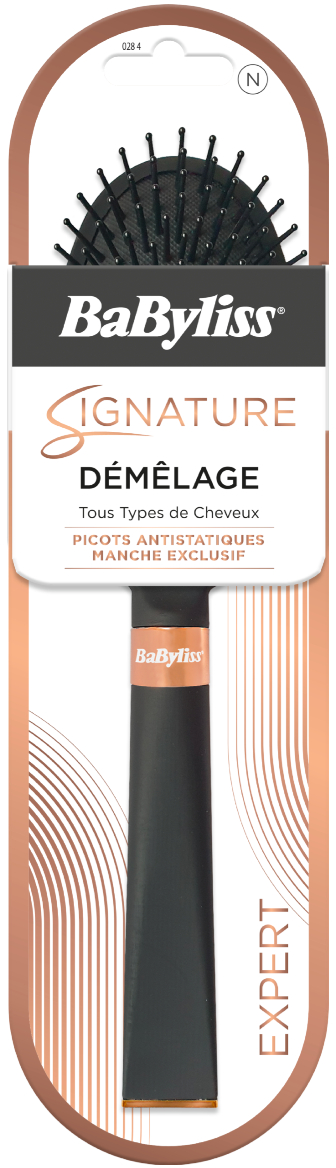Spazzola per capelli BaByliss nella confezione. Testo: DÉMÊLAGE, Tous Types de Cheveux.