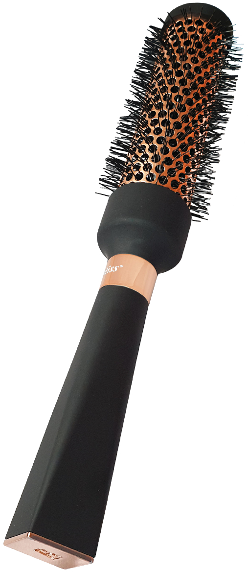 Une brosse à cheveux noire et or rose.