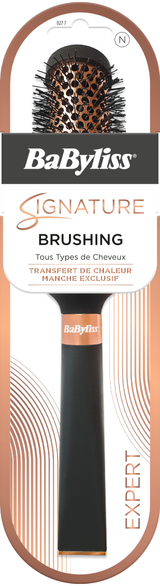 Un emballage de brosse à cheveux BaByliss avec des accents or rose.