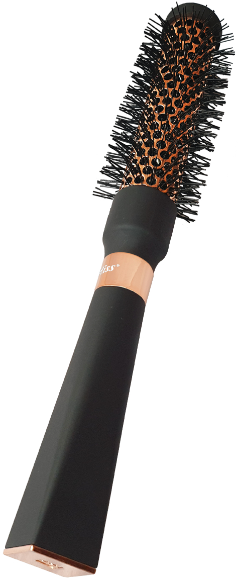 Une brosse à cheveux avec un manche noir et des détails or rose.