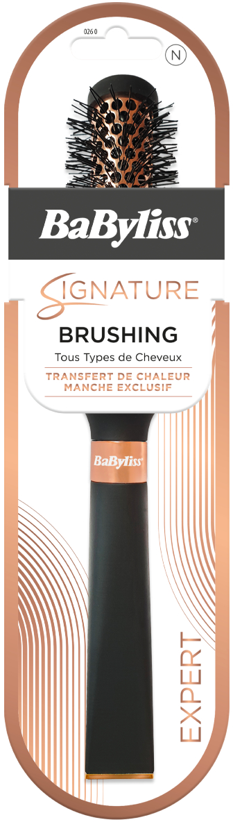 Emballage de la brosse BaByliss. La brosse est noire avec un manche doré. Les poils ont un imprimé léopard.